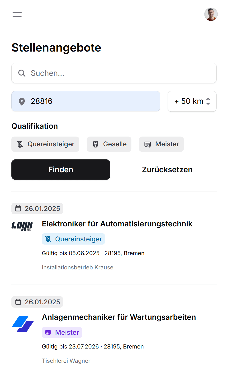 Job listings screenshot