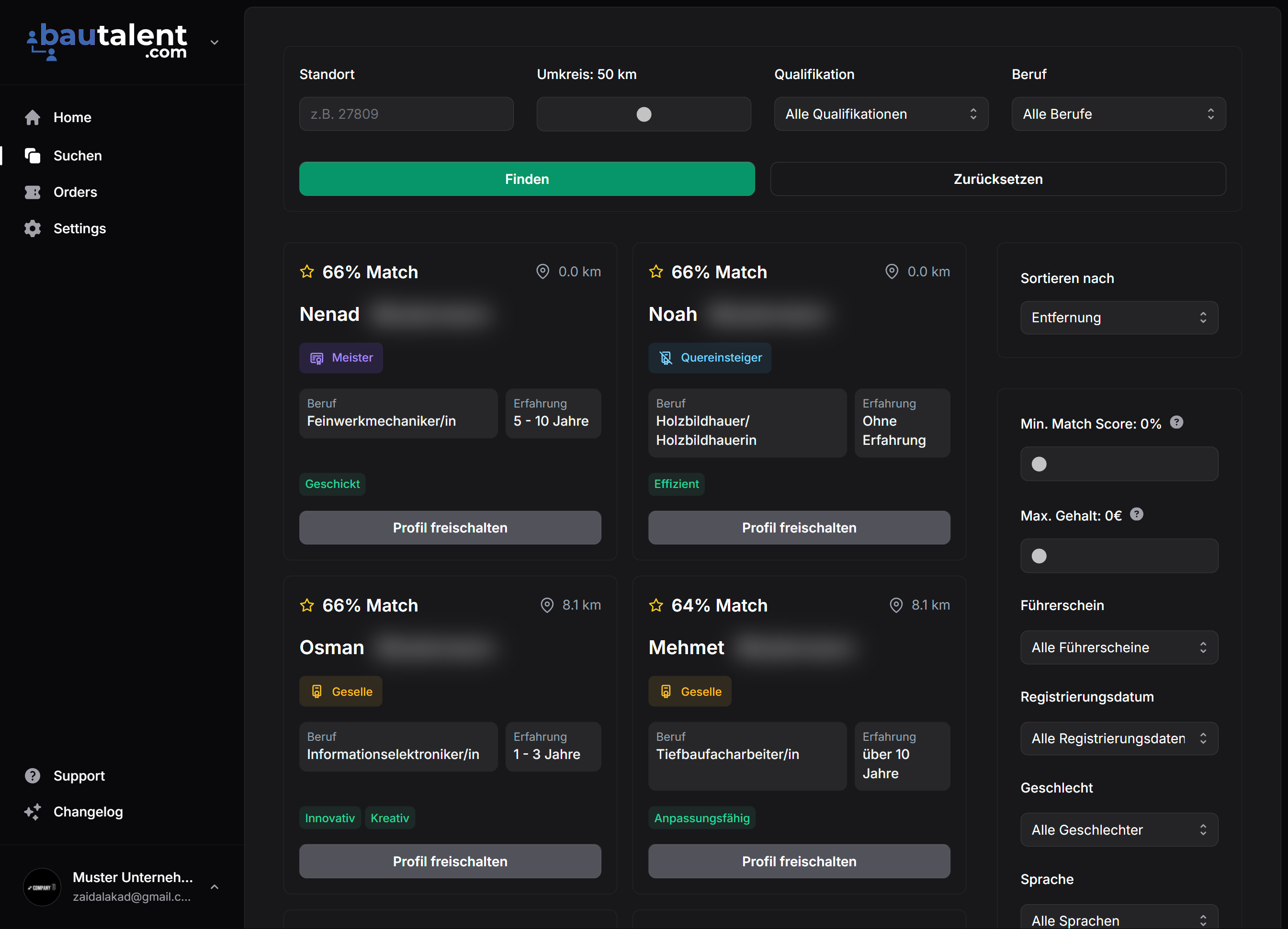Neue umfassende Filterseite für Bewerber